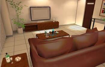重厚感のある家具と、明るいタイル張りの床のコーディネート